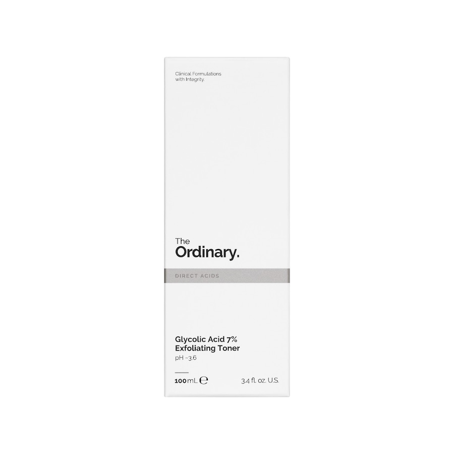 The Ordinary Glycolic Acid 7% Exfoliating Toner met de bijbehorende minimalistische verpakking.